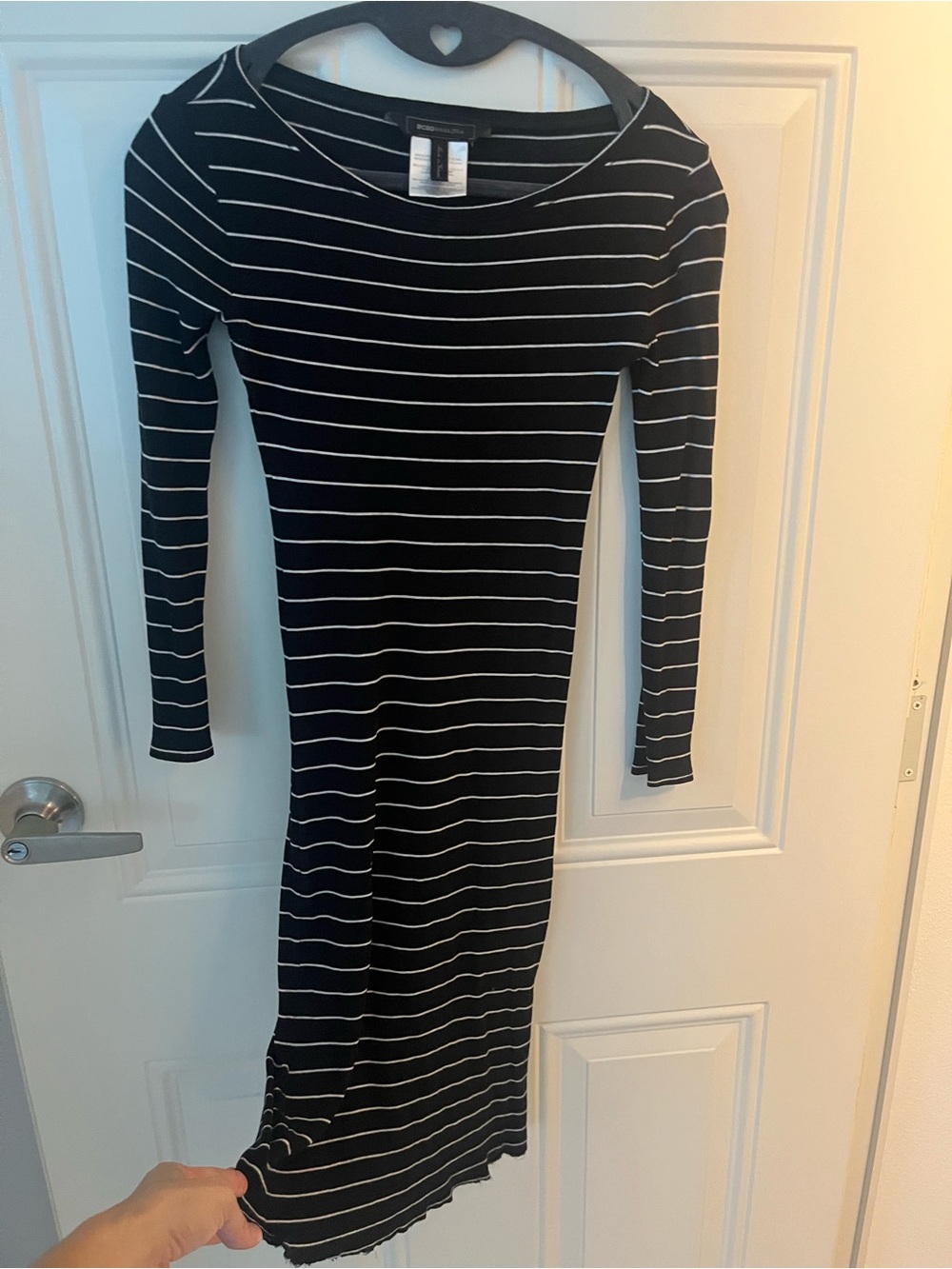 BCBGMaxAzria Black and White Striped Long Sleeve Bodycon Dress